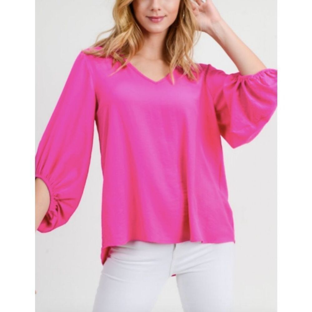 Jodifl Magenta V-Neck Top With Bubble Sleeves Size Small‎ NWT